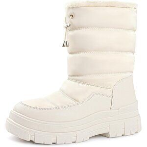 Women's White 1 Waterproof Snow Boots Mid Calf Low Heel Anti-Slip Warm Booties
